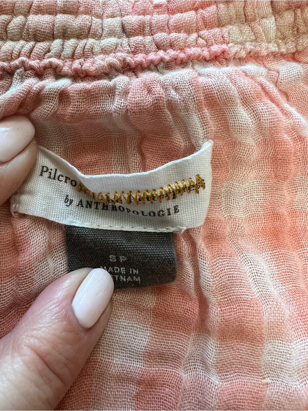 Anthropologie Pilcro Bette Peach Plaid  Blouse Drawstring SP Boho Cottagecore - Picture 2 of 8